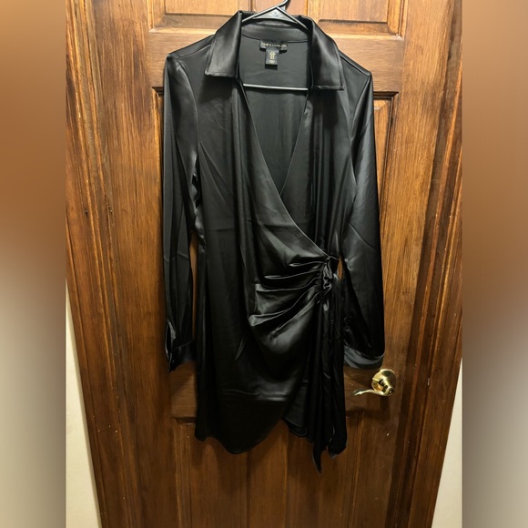 Black satin mini dress with side tie - Picture 1 of 5